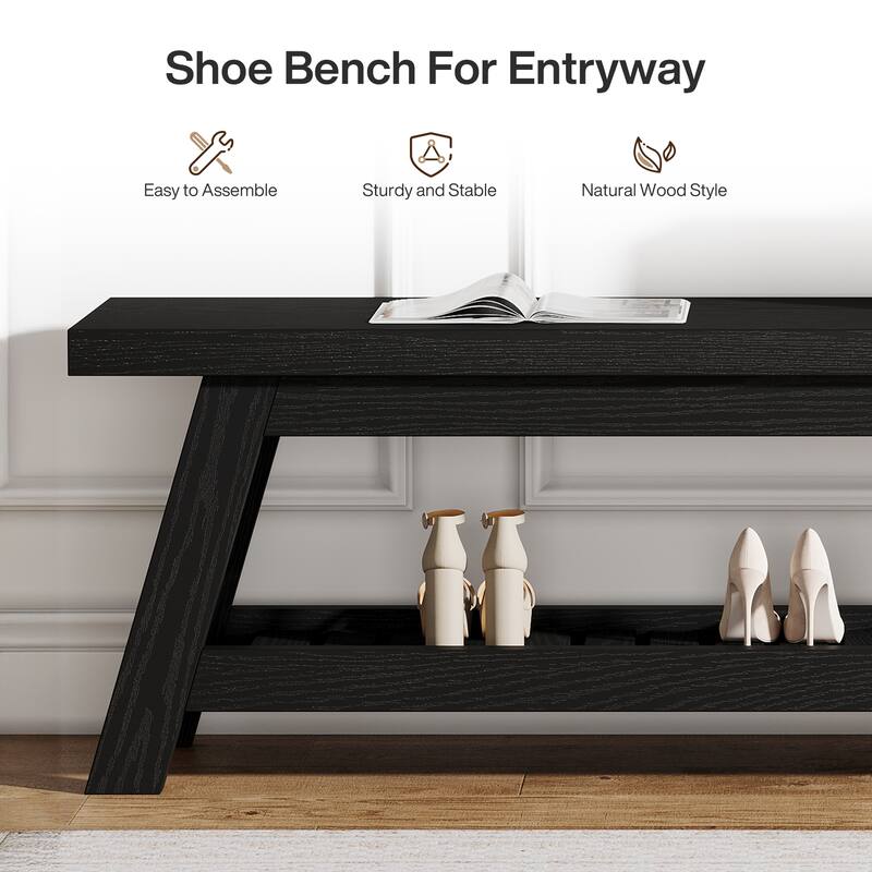 2-Tier Entryway Shoe Bench with Storage, 55-Inch Long Wood Storage Bench for Living Room, Bedrooms