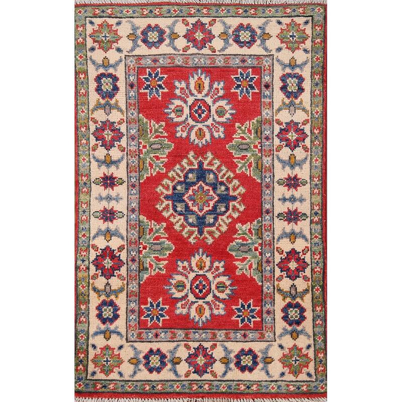 Kazak Oriental Accent Rug Hand-Knotted Geometric Red Wool Carpet - 2'0" x 3'0"
