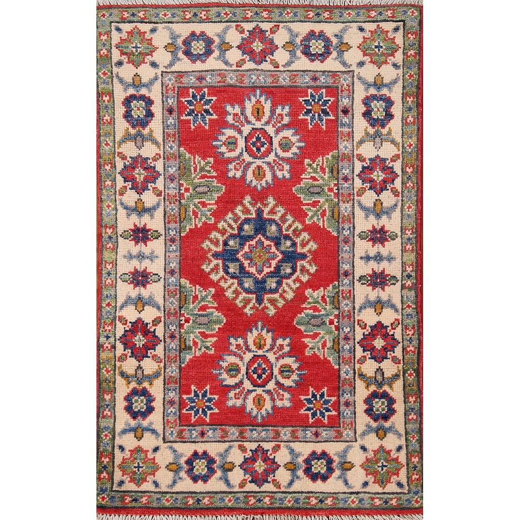 Kazak Oriental Accent Rug Hand-Knotted Geometric Red Wool Carpet - 2'0" x 3'0"