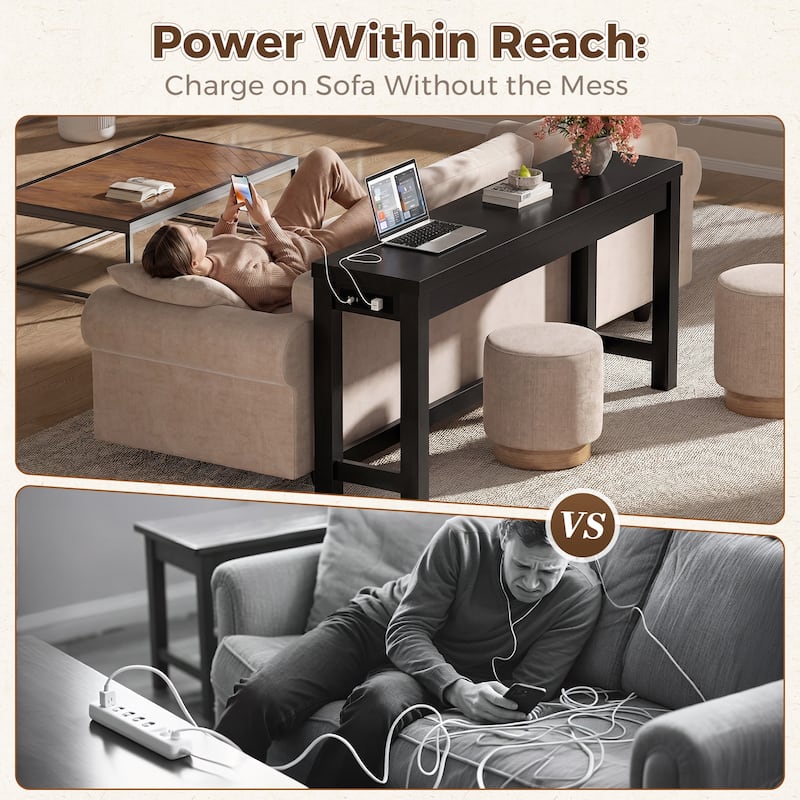 63-In Console Table with Charging Station, Farmhouse Entryway Table/ Behind Couch Table