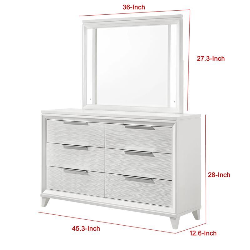Ressy Wide Dresser and LED Mirror with 6 Drawers, White Wood