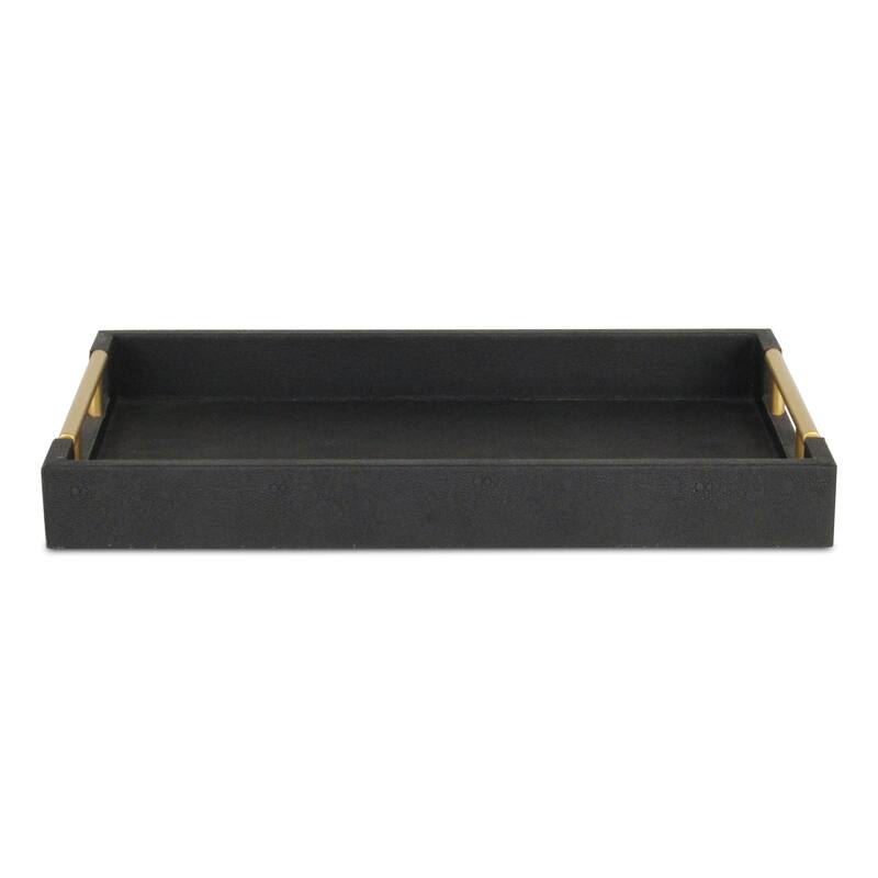 HomeRoots 16" Black Wood and Vinyl Faux Shagreen Serving Tray With Gold Handles - 15.75 in. x 1.75 in. x 9.50 in.