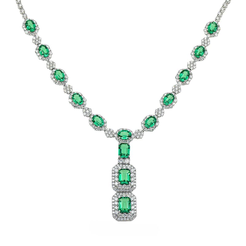 House Of Leon White Gold Multi Cut Emerald & Round Diamond Drop Necklace 22.88ct