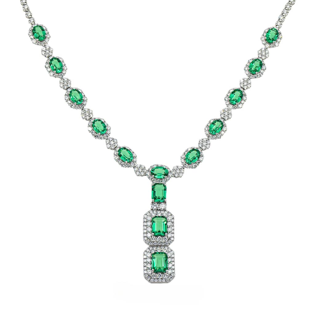 House Of Leon White Gold Multi Cut Emerald & Round Diamond Drop Necklace 22.88ct