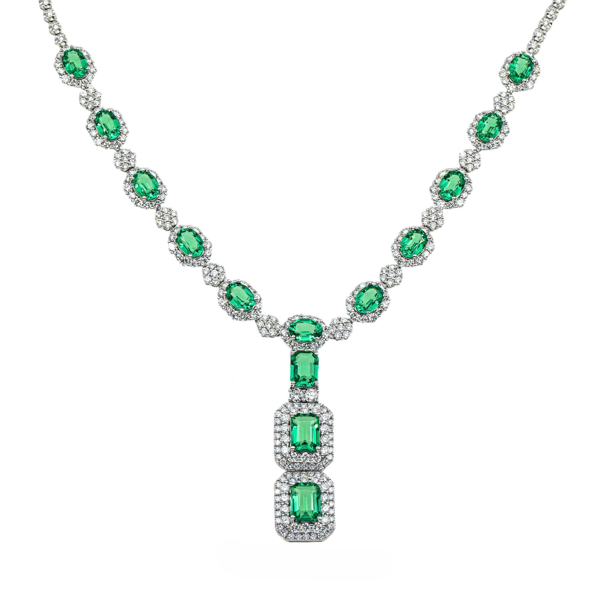 House Of Leon White Gold Multi Cut Emerald & Round Diamond Drop Necklace 22.88ct