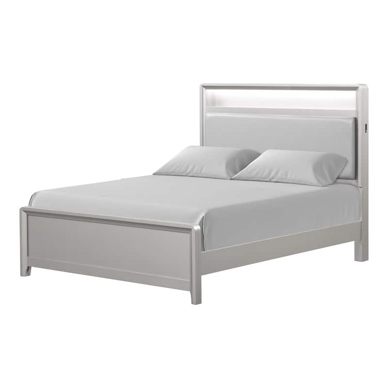 Furniture of America Milandra Modern 3-Piece Champagne Solid Wood Panel Bedroom Set with LED Light