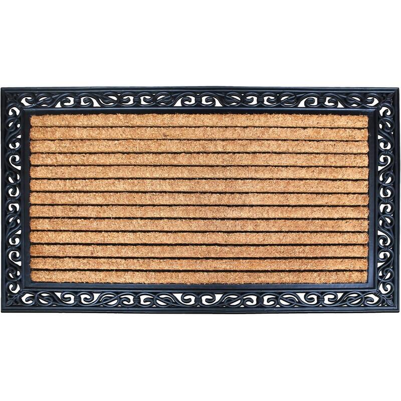 A1HC Rubber and Coir Striped Border Durable Double Door Doormat Black/Beige - 30"X48"