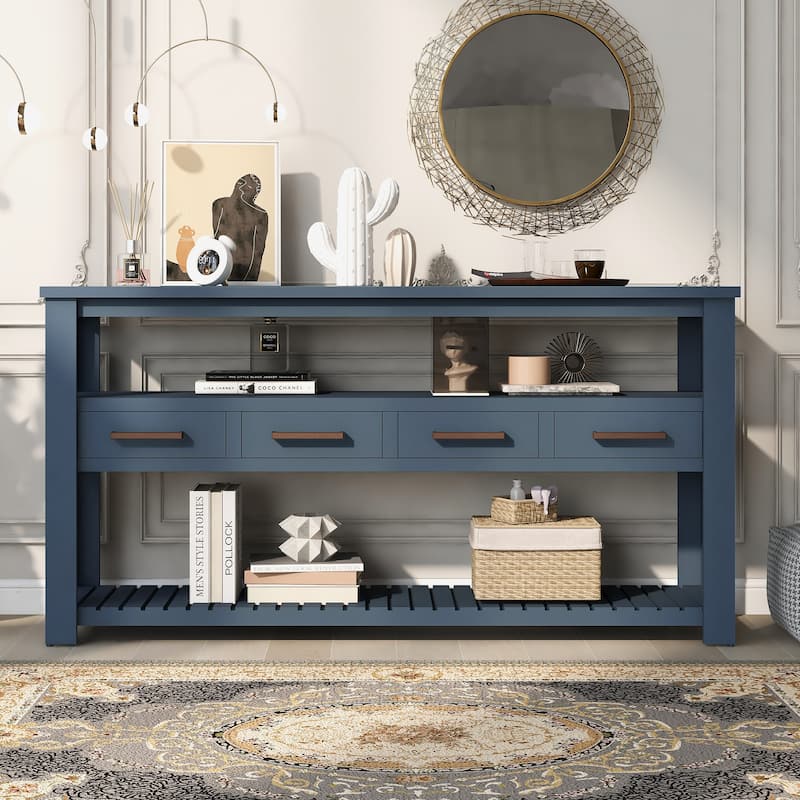 61.5"Large Entryway Table with 4 Drawers,Painted Console Table with 3-Tier Open Shelves and Metal Handles