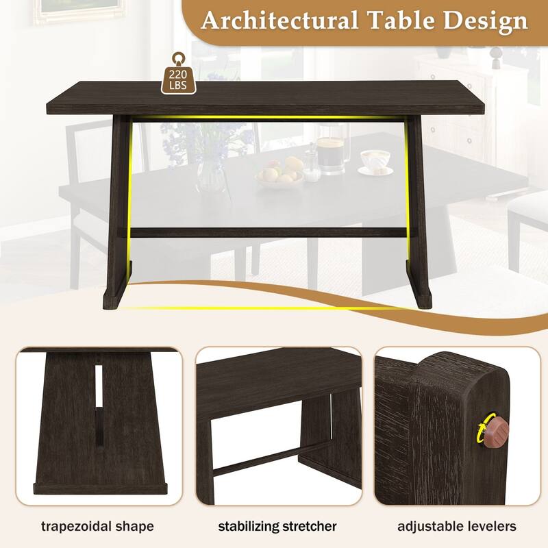 59.8" Farmhouse Dining Table with 4 Upholstered Chairs and 1 Padded Bench