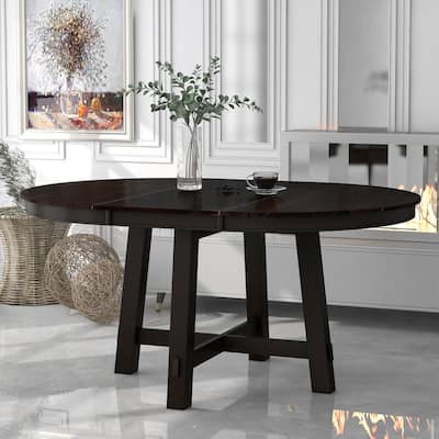 Farmhouse Round Extendable Dining Table with 16" Leaf Wood