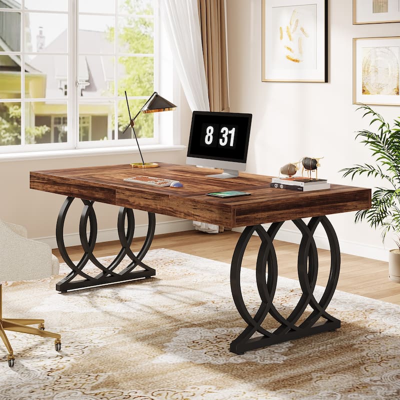 63'' Executive Desk, Modern Office Desk White and Gold Computer Desk