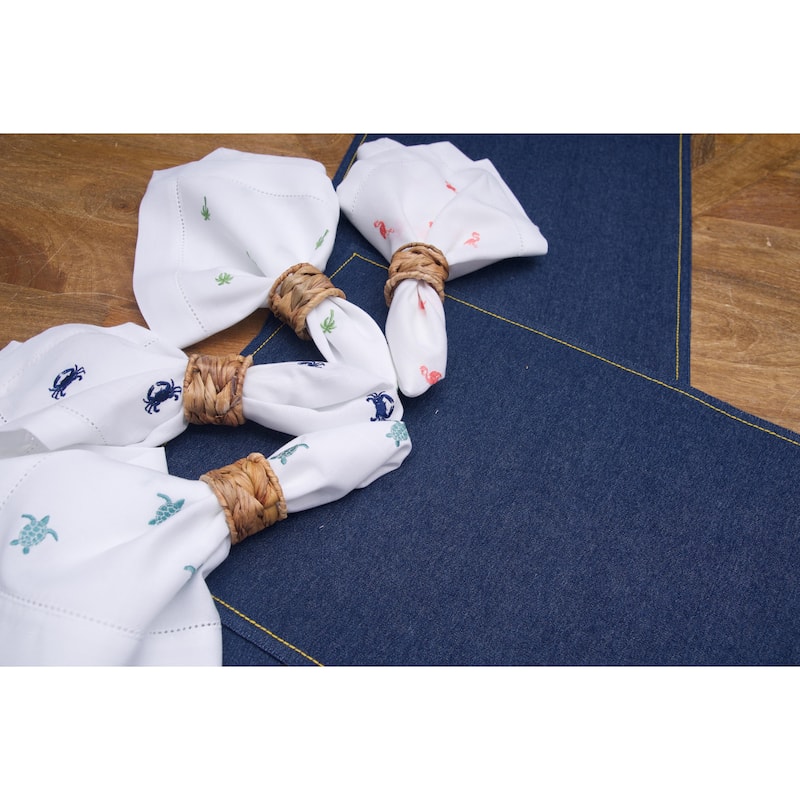 20" x 20" Green Palms Embroidered Machine Washable Hemstitch Napkins Set of 6 - White