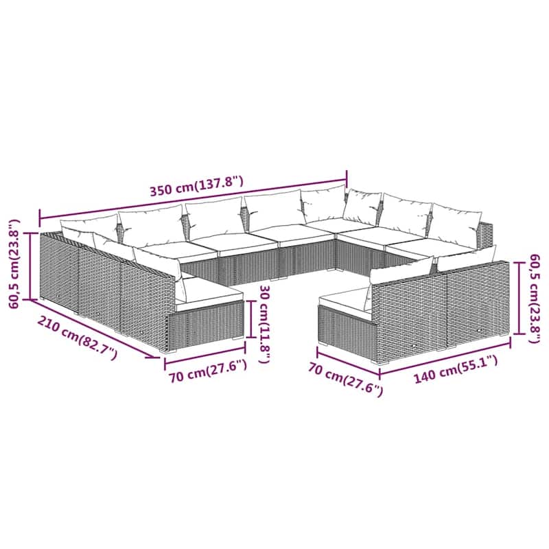 vidaXL Patio Lounge Set Outdoor Sectional Sofa Set Table Garden Poly Rattan - 27.6" x 27.6" x 23.8"