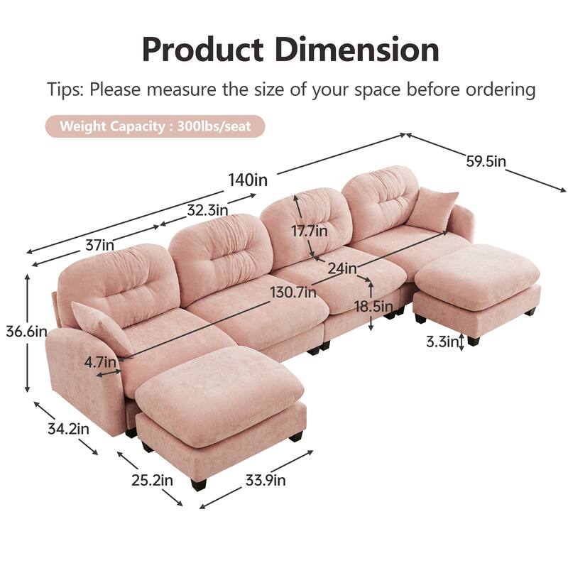 140" U Shaped Modern Sofa, Modular Sectional Couch Set with 2 Ottoman, 4 Seat Chenille Deep Seat Sofa for Living Room