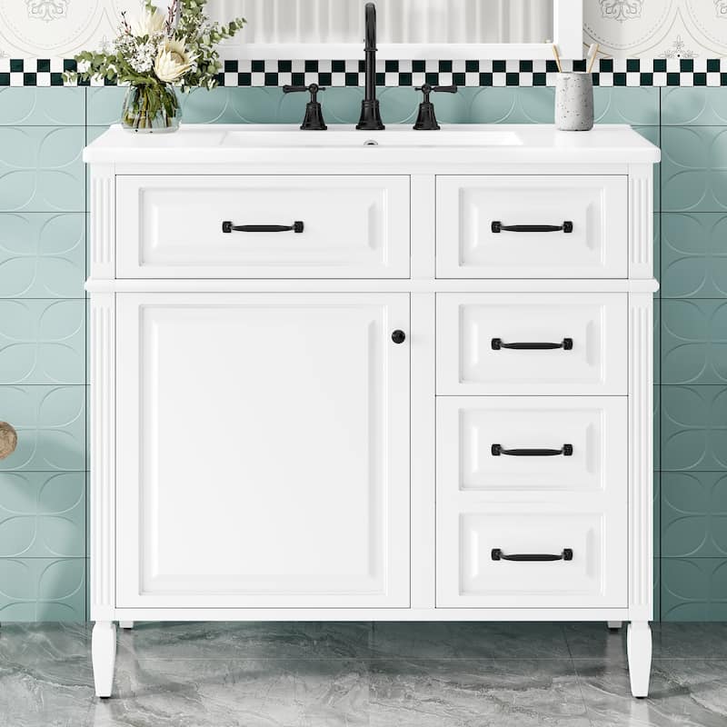 36-Inch Bathroom Vanity with Ceramic Sink Top, Solid Wood Frame and MDF Cabinet,with Adjustable Shelf and Metal Handles