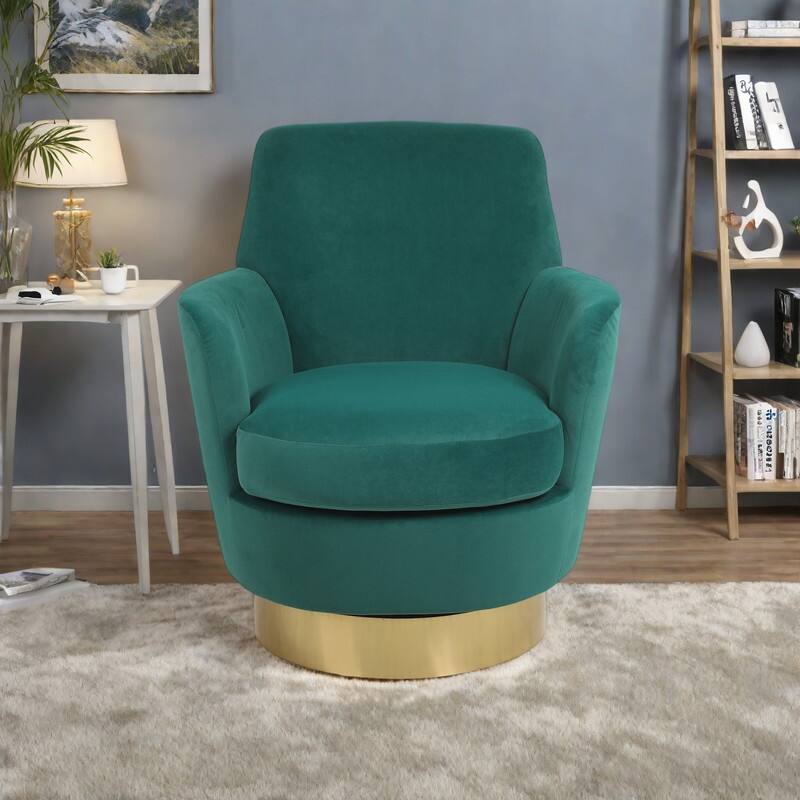 Velvet Swivel Barrel Chair with Gold Stainless Steel Base, High-Density Foam and 360° Rotation - Emerald