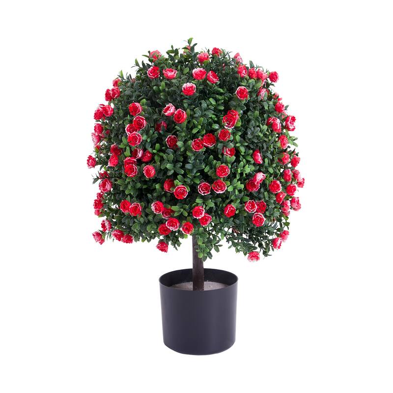 Potted Artificial Boxwood Rose Topiary Ball Tree for Porch Garden Backyard - 21.65" - 21.65"