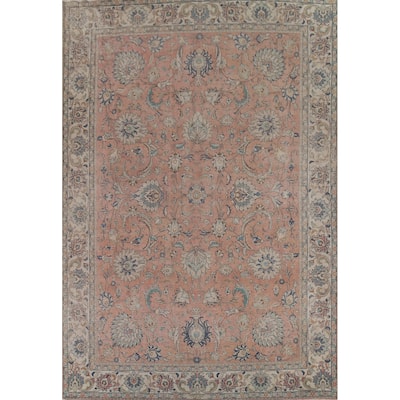 Distressed Tabriz Persian Vintage Rug Hand-Knotted Floral Wool Carpet - 10'0"x 13'5"