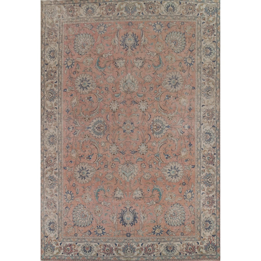 Distressed Tabriz Persian Vintage Rug Hand-Knotted Floral Wool Carpet - 10'0"x 13'5"