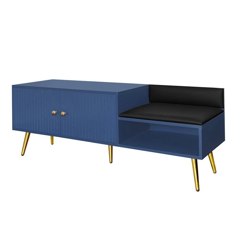 Modern Shoe Storage Bench with Storage Cabinet and Upholstered Cushions, Entryway Bench with Open Compartment for Living Room