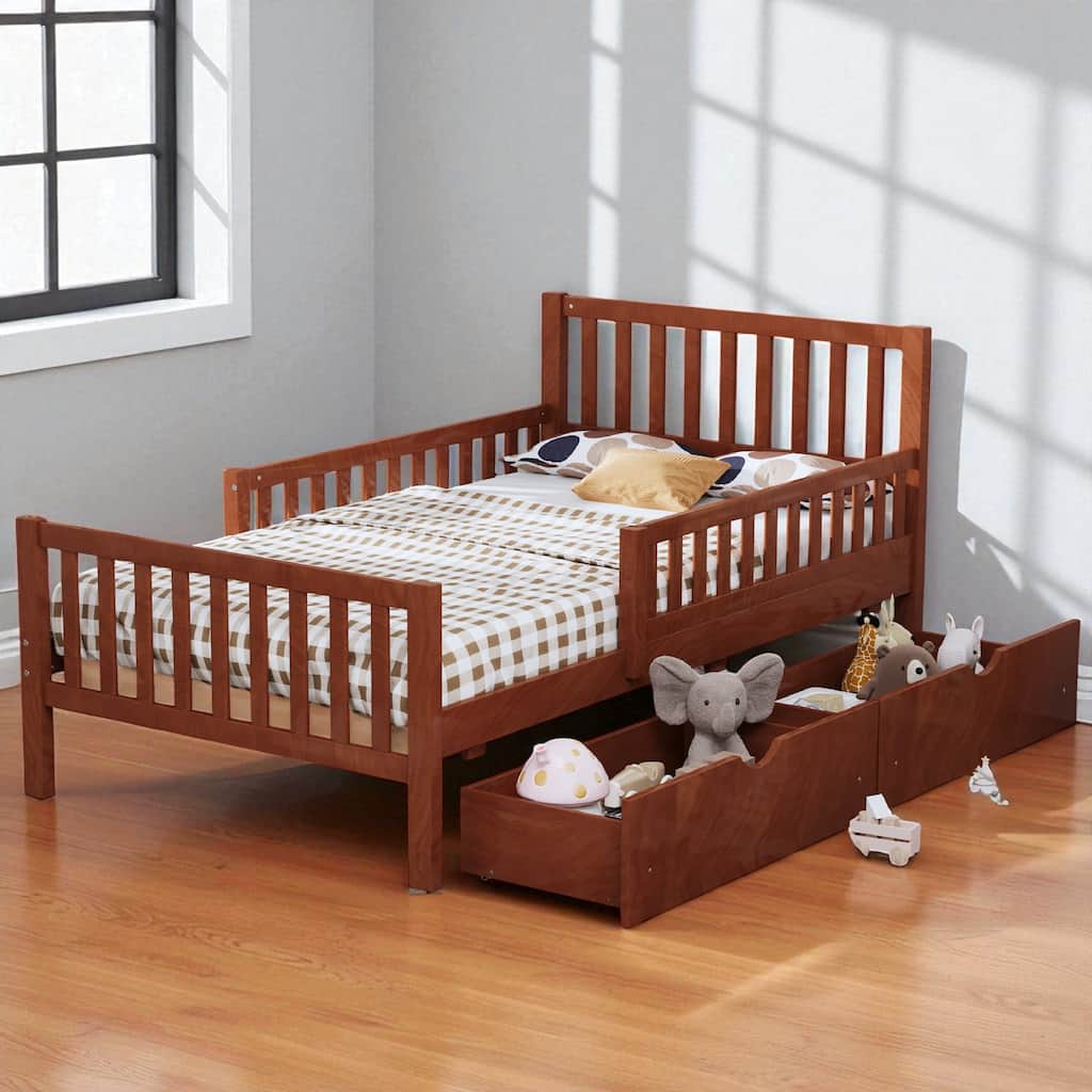 Twin/Full Size Wood Platform Bed with Guardrails and Two Storage Drawers, Walnut Finish