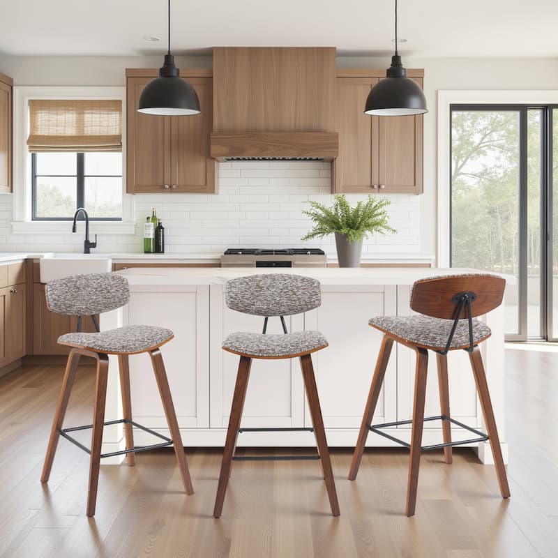 Fox Mid-Century Bar Stool, Upholstered Counter Height Chair with Bentwood Legs - Set of 3 - Speckled Brown Fabric & Walnut - Counter Height