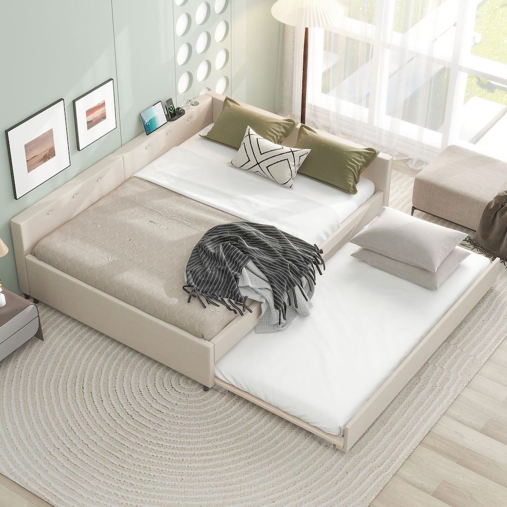 Roomfitters Queen Size Upholstered Platform Bed Frame with Twin Size Pull Out Trundle, Channel Tufted Daybed, Beige