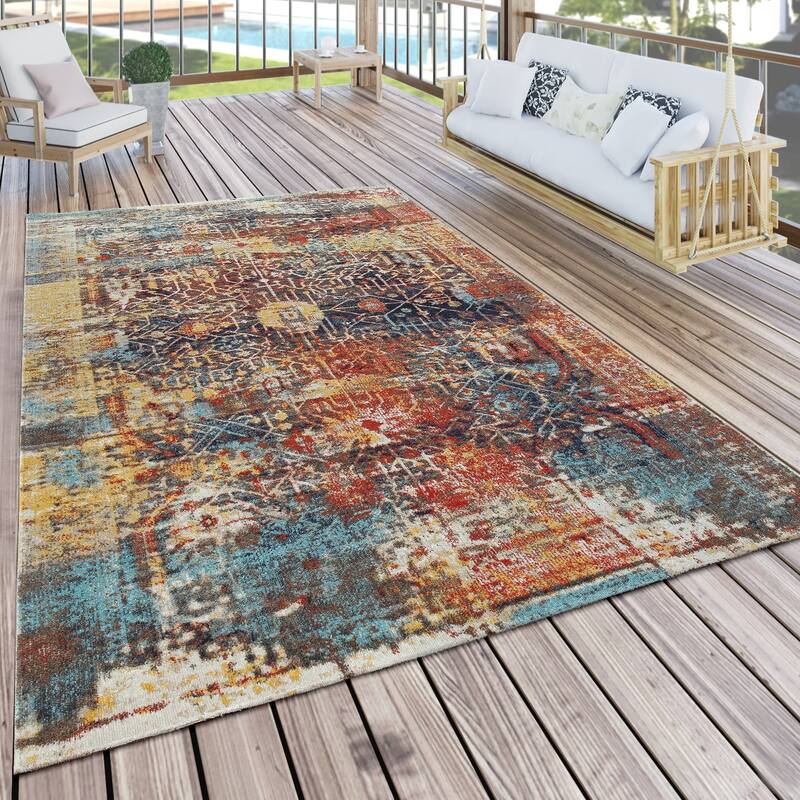 Colorful Outdoor Rug Abstract with Tradional Pattern in Blue Yellow - 6'7" Round
