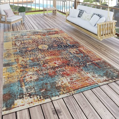Colorful Outdoor Rug Abstract with Tradional Pattern in Blue Yellow