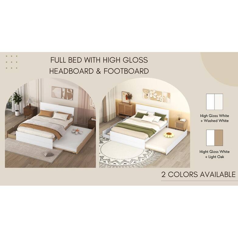 Modern Full Bed Frame with Twin Trundle, 2 Drawers, White High Gloss Finish