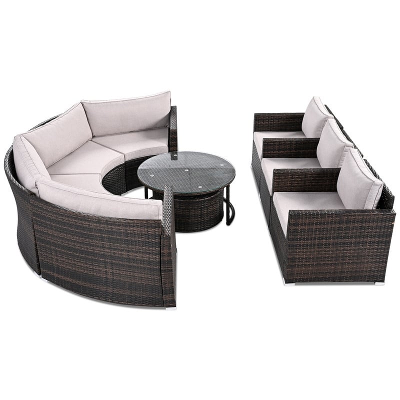 9-Piece Outdoor Half-Moon Patio Sofa Set, Wicker Sectional Sofa with Nesting Coffee Table, Rattan Conversation Set