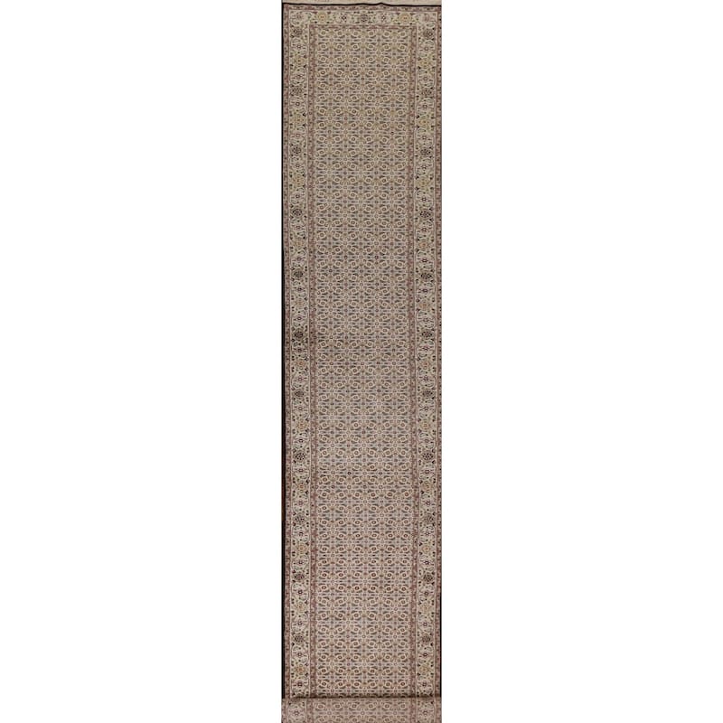 Hand Knotted Oriental Wool & Silk Carpet Traditional Floral Beige & Ivories Tabriz Runner Rug - 20' 4'' X 2' 7''