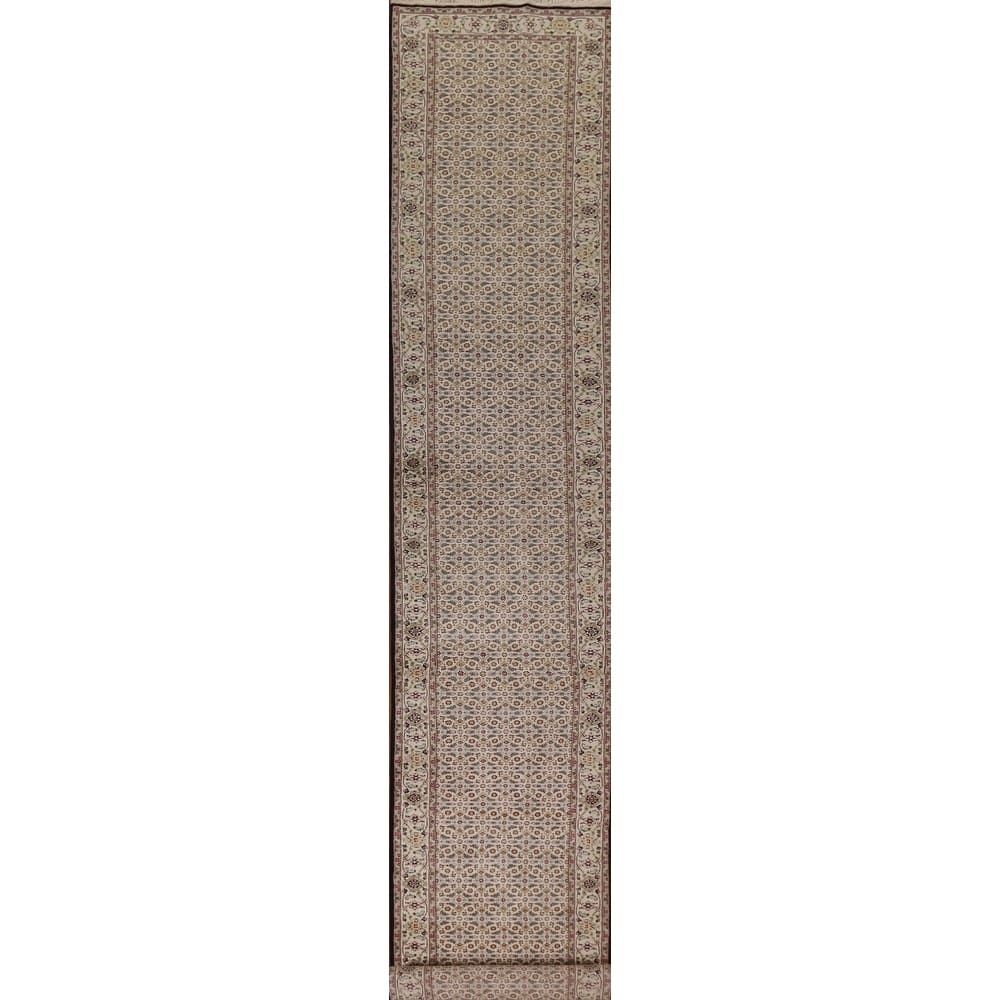 Hand Knotted Oriental Wool & Silk Carpet Traditional Floral Beige & Ivories Tabriz Runner Rug - 20' 4'' X 2' 7''