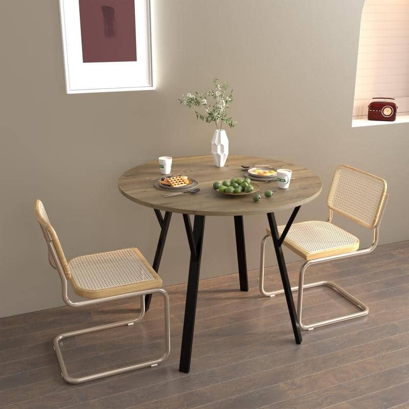 35.43 Inch Round Dining Table with Black Metal Legs, Brown Industrial Kitchen Table(only table)