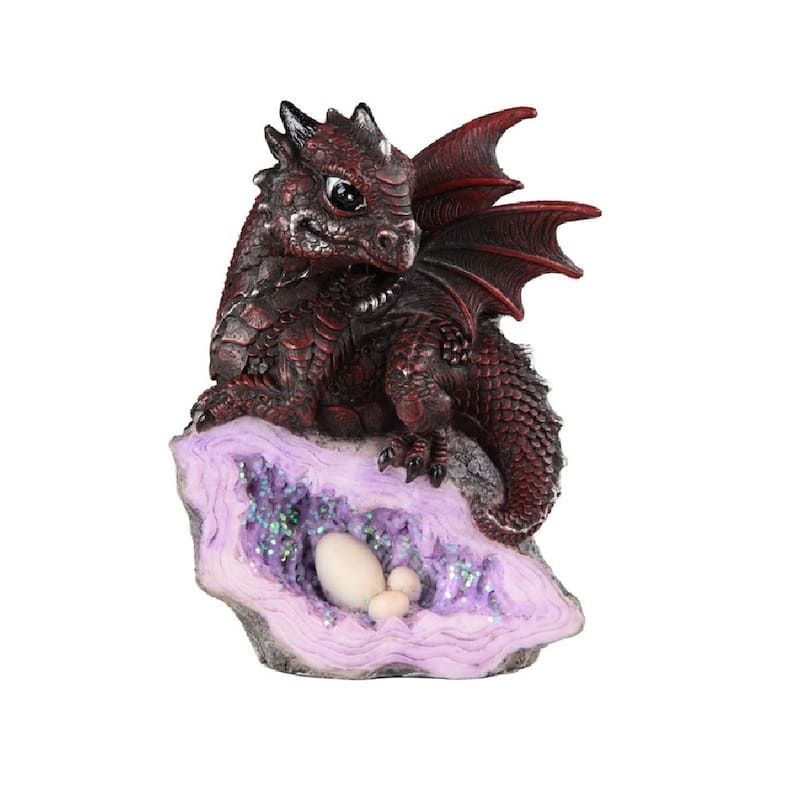 Q-Max 5"H Medieval Red Volcano Dragon with Eggs Statue Fantasy Decoration Figurine
