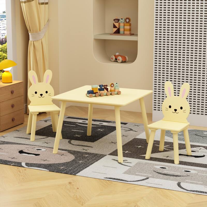 Kids Table and Chair Set with 2 Bunny Chairs, Children's Wooden Activity Table for Toddlers, Cute Animal Design Set