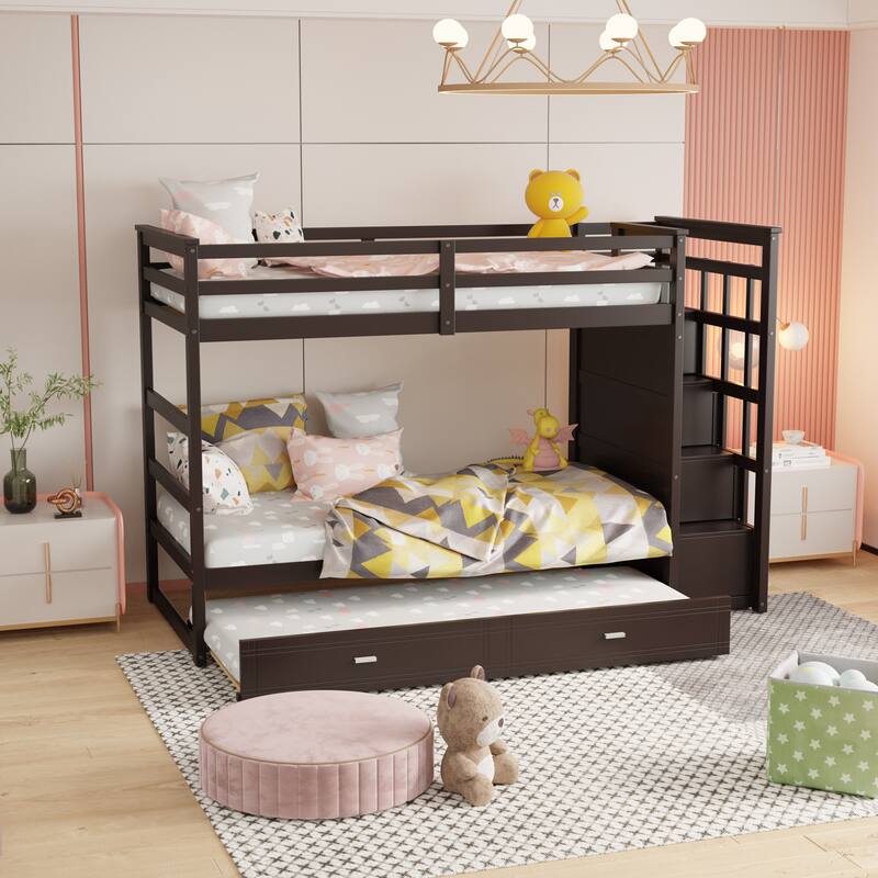 Solid Wood Twin Over Twin Bunk Bed with Trundle and Staircase - Espresso