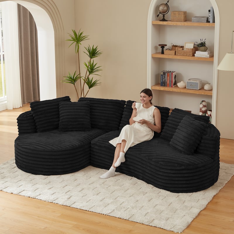 Curved Sectional Sofa with L-Shape Chaise Lounge, Oversized Corduroy Upholstered Sofa, Full-Compressed Deep Seat Sofa