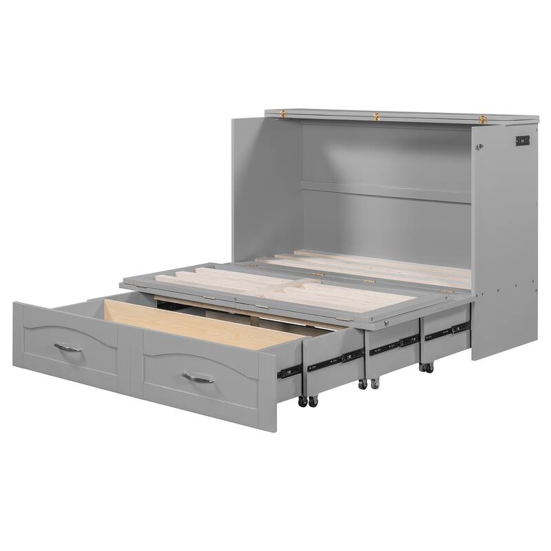 Space-Saving Full Size Murphy Bed with Drawers, USB Ports, and Pulley Design in Gray