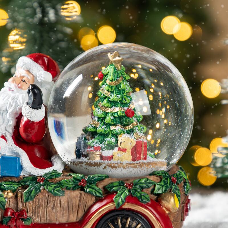 Glitzhome 100mm Christmas Resin Lighted Musical Snowflakes Santa Car Waterglobe