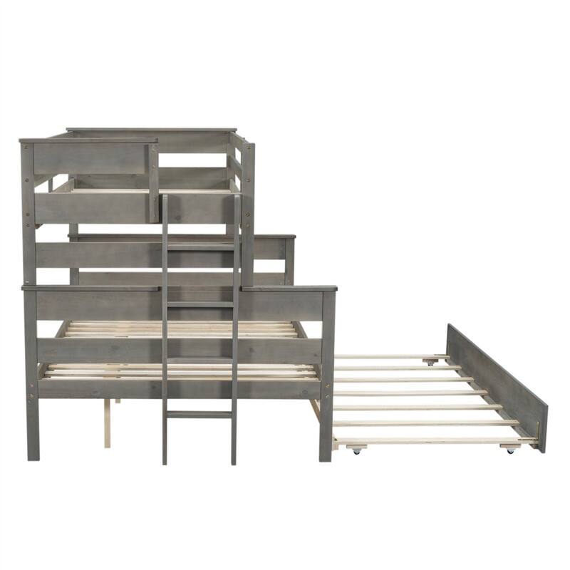 Twin over Full Size Bunk Bed with Twin Size Trundle, Solid Wood Bunk Bedframe with Ladder and Guardrails for Kids