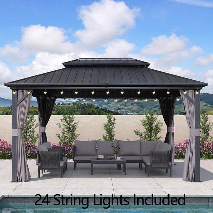 PURPLE LEAF Gazebo Outdoor Gazebo with Dual-Layer Galvanized Steel Double Roof Aluminum Gazebo with Netting and Curtains Grey
