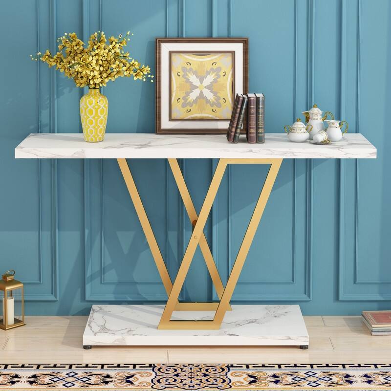 V Metal Leg Gold/White 42 Inch Entryway Tables Console Table