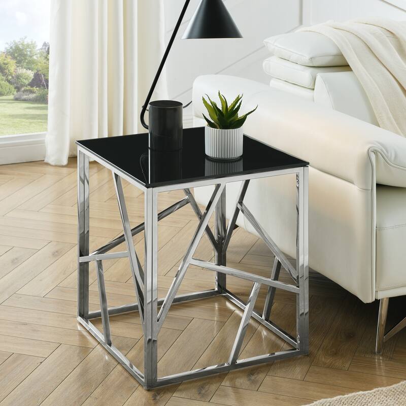 20 Inch Modern Glass Corner End Table with Geometric Metal Frame, Accent Table Nightstand Furniture
