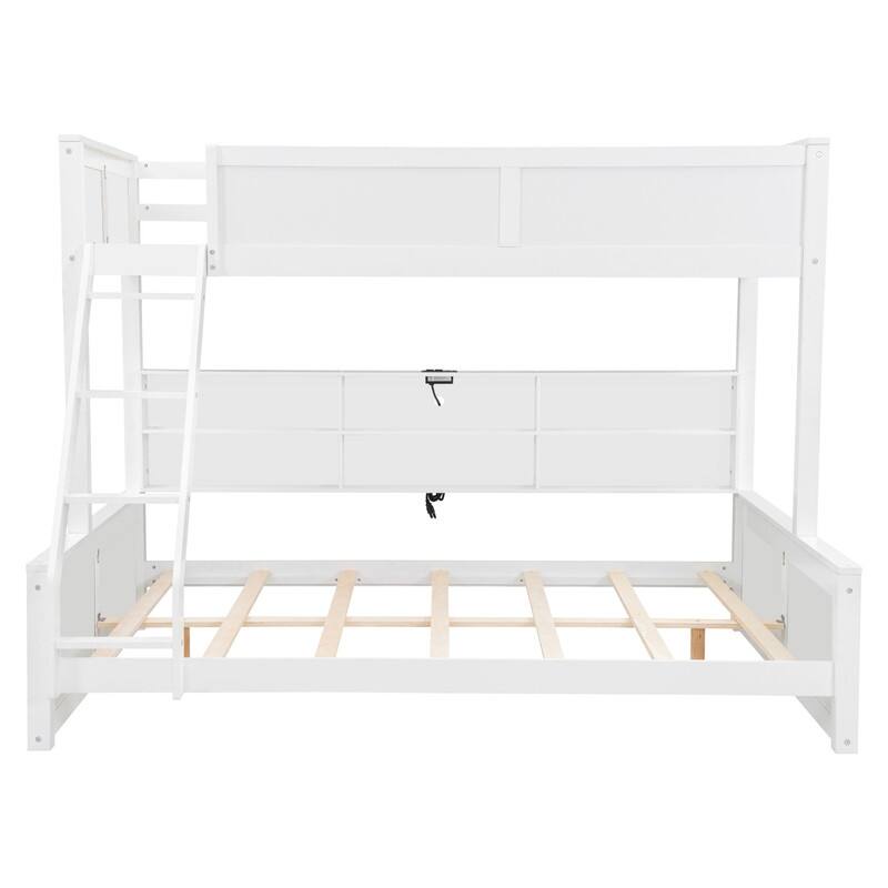 Twin XL / Full XL over Queen Bunk Bed with Open Cabinets and Charging Station, Storage Kids Bed Frame with Ladder