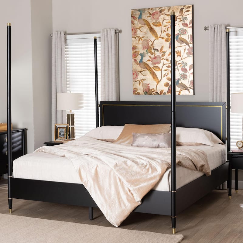 Tamra Four-Poster Platform Bed - Black Wood Bed Frame with Metallic Trim and Capped Legs, Modern Transitional Style, King