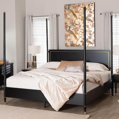 Tamra Four-Poster Platform Bed - Black Wood Bed Frame with Metallic Trim and Capped Legs, Modern Transitional Style, King