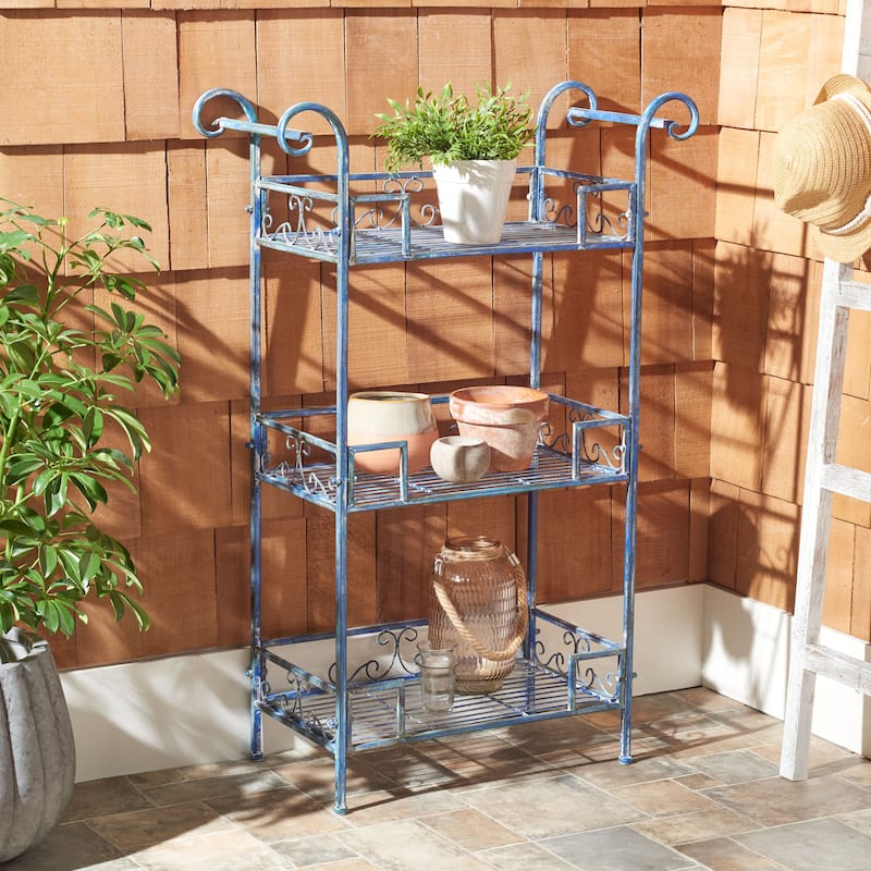 SAFAVIEH Outdoor Abigale Victorian Scroll Iron 3-Tier Shelf - 28"W x 12"D x 42"H - Antique Blue