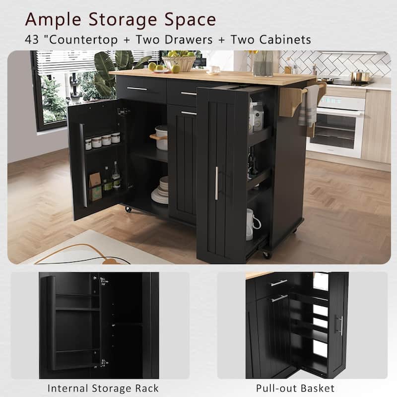 Roomfitters Kitchen Island with Drop Leaf, Kitchen Storage Cart with 3 Tier Pull Out Cabinet Organizer, Internal Storage Rack