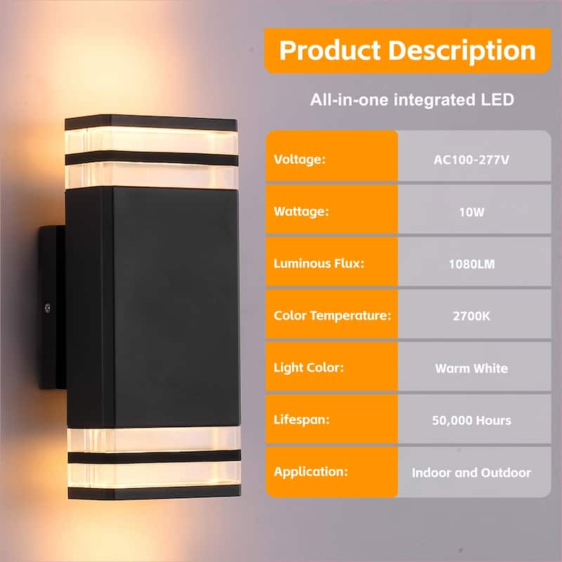 Outdoor Wall Lights 2Pack, Integrated LED Wall Sconce, Aluminum IP65